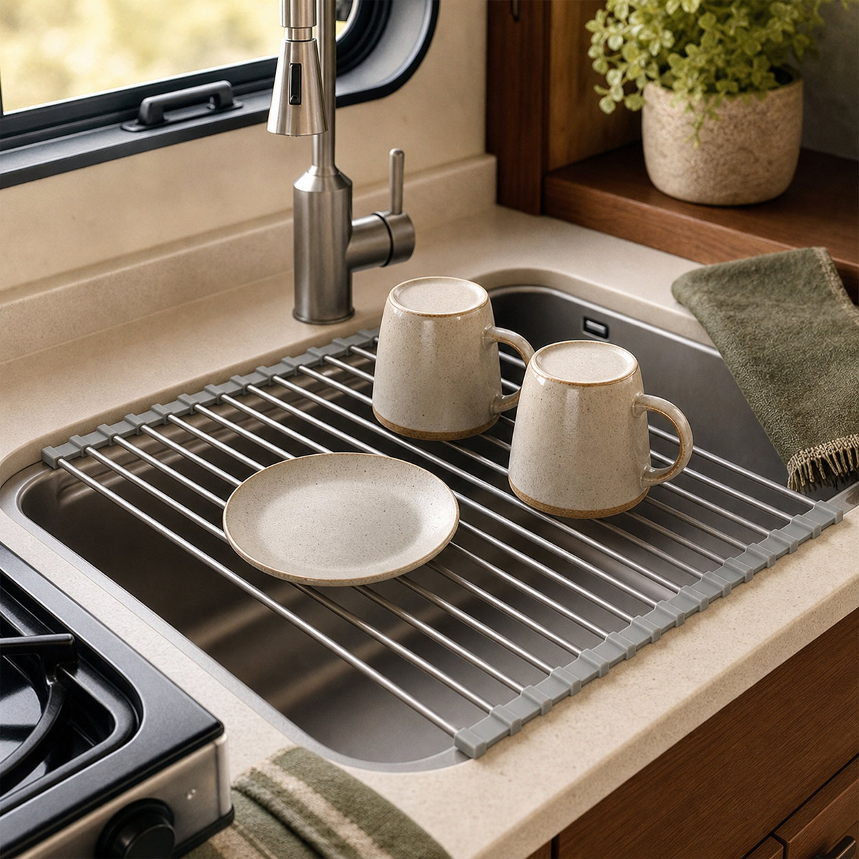 Silver roll-up rack spanning a compact RV sink with two mugs and a plate