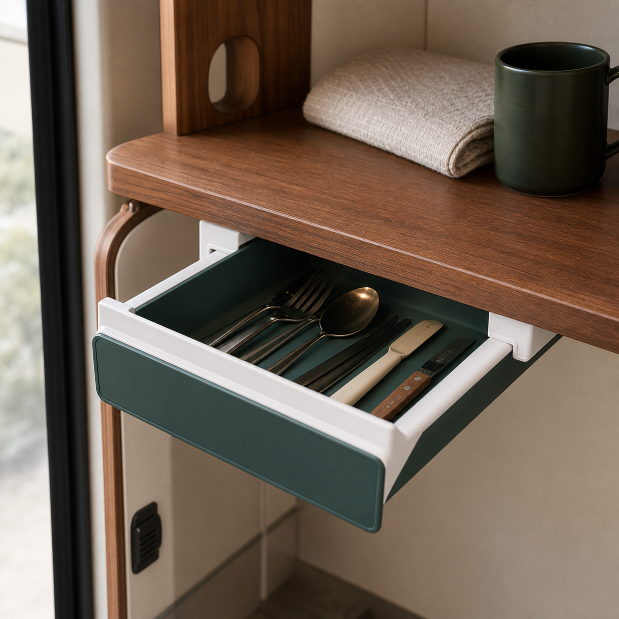 Forest-green slide-away drawer holding flatware beneath an RV shelf