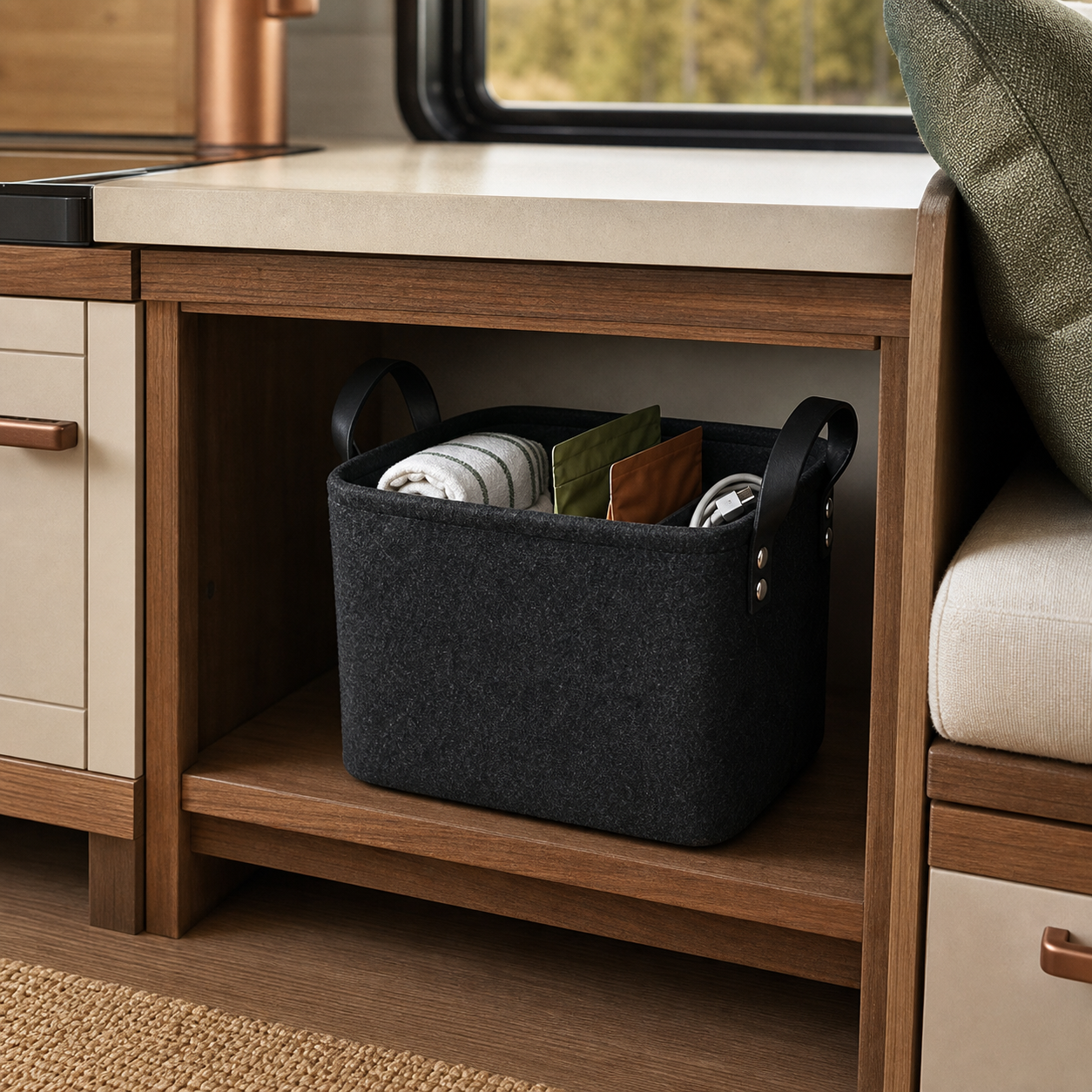 Dark-charcoal felt caddy holding lightweight essentials inside a walnut RV cabinet