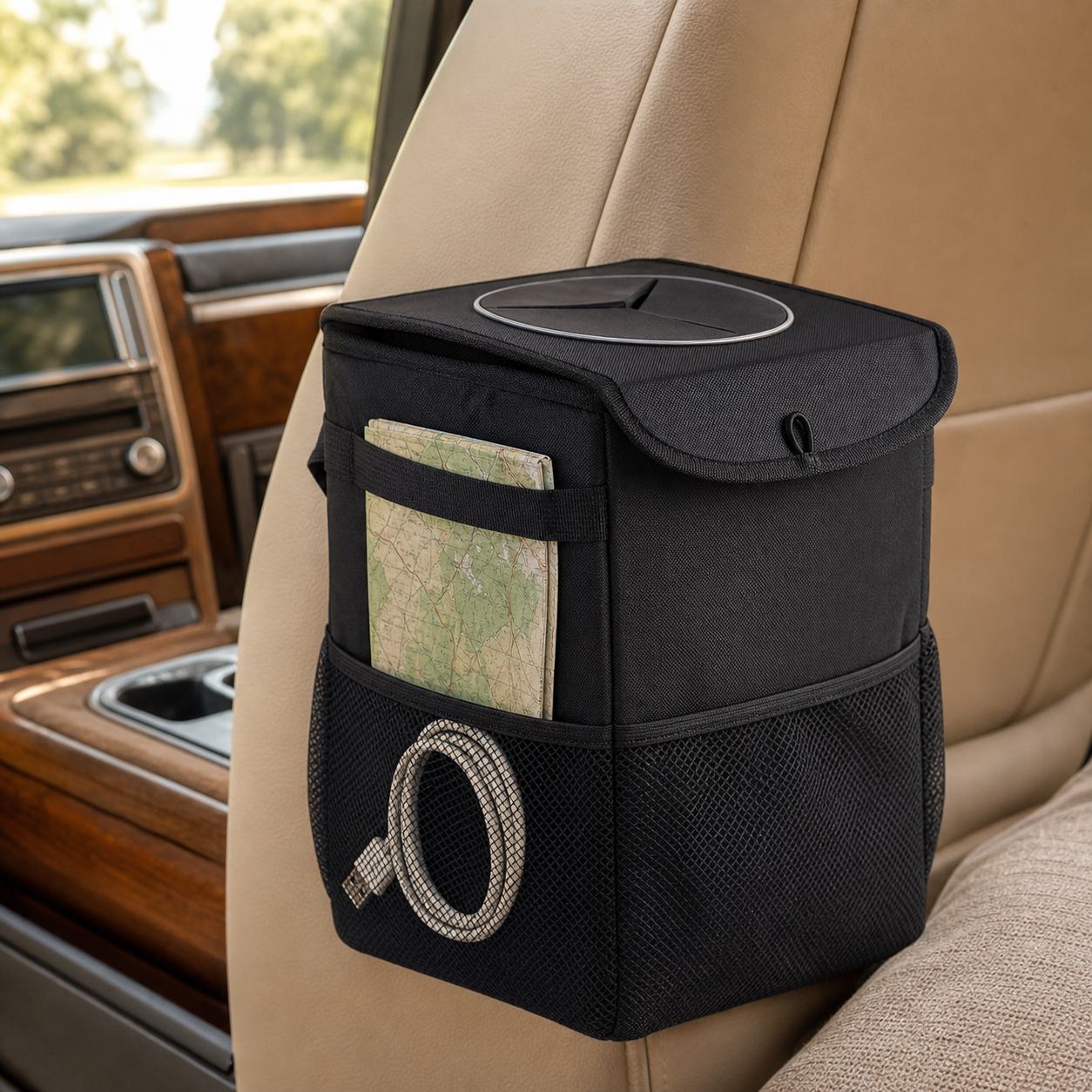 Black fold-flat road bin with exterior pockets mounted by an RV passenger seat