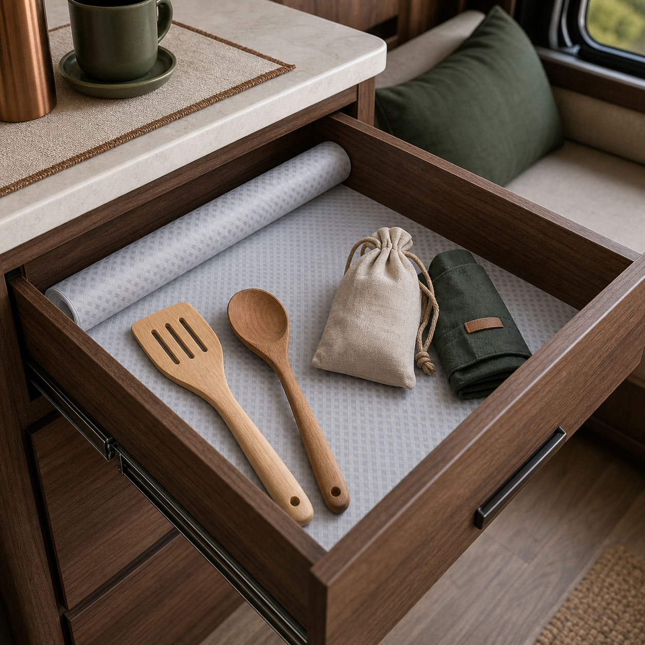 Light-gray textured EVA liner fitted inside a walnut RV drawer