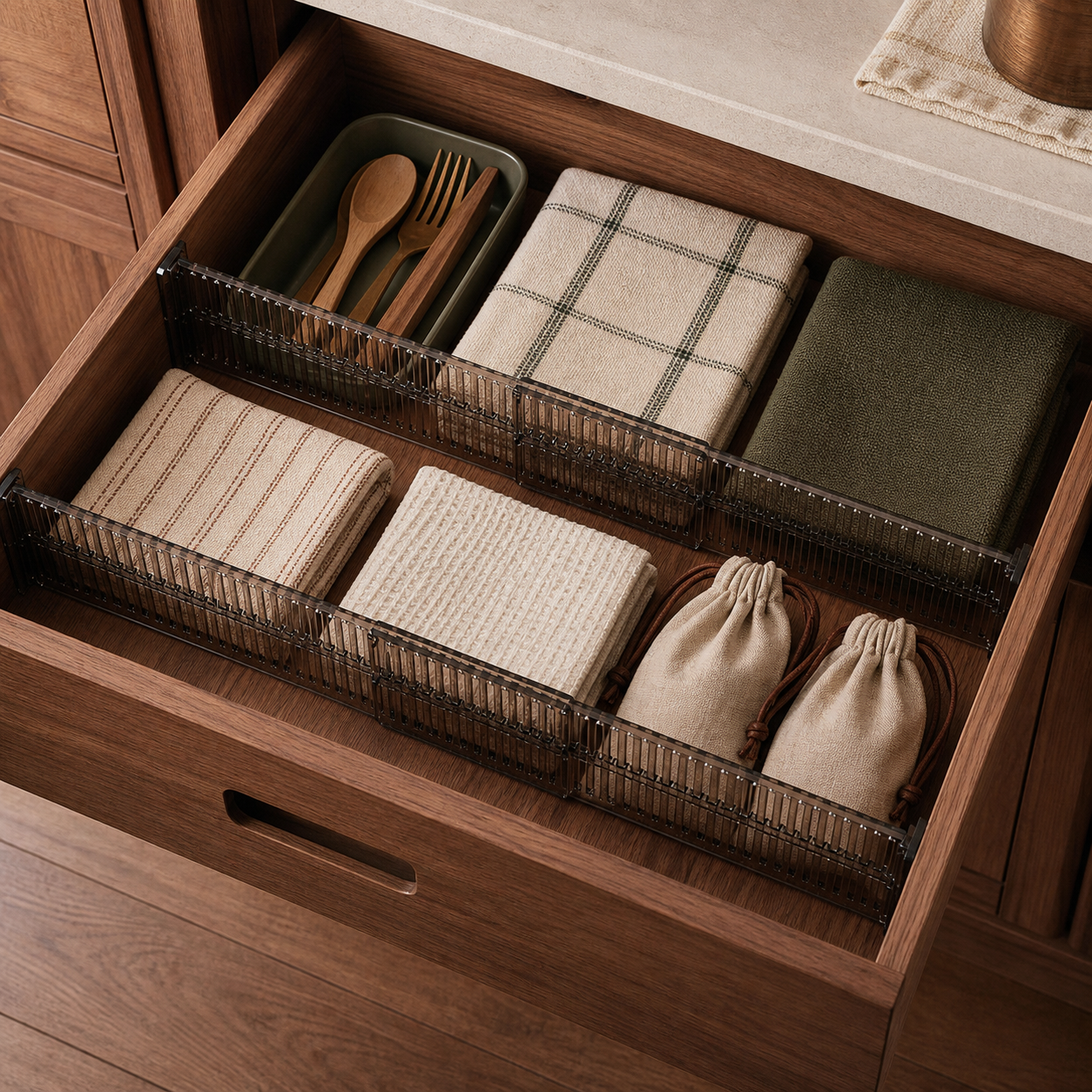 Two smoky-black divider rows organizing light items inside a walnut RV drawer