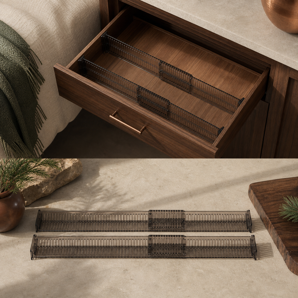 Two assembled smoky-black drawer divider rows shown in an RV and studio setting