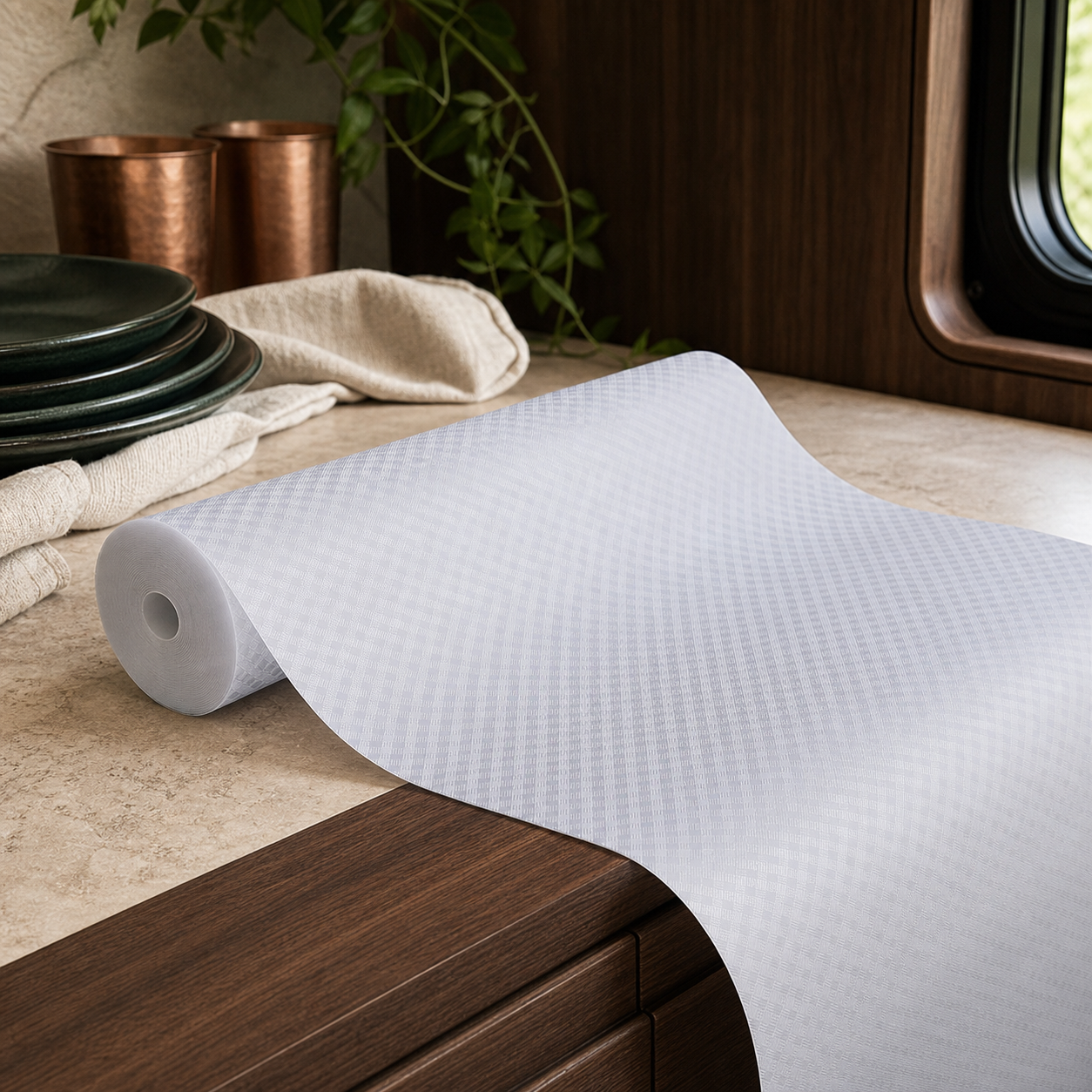 Light-gray cabinet liner partly unrolled across warm stone and walnut