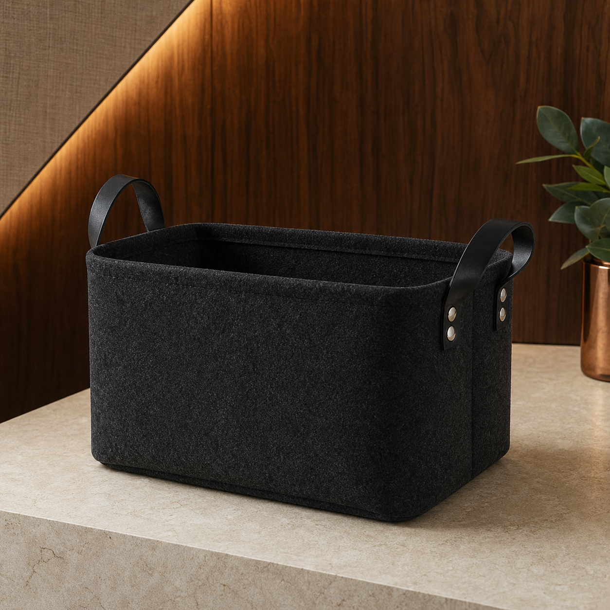Dark-charcoal soft-sided cabinet caddy shown empty in a warm studio setting