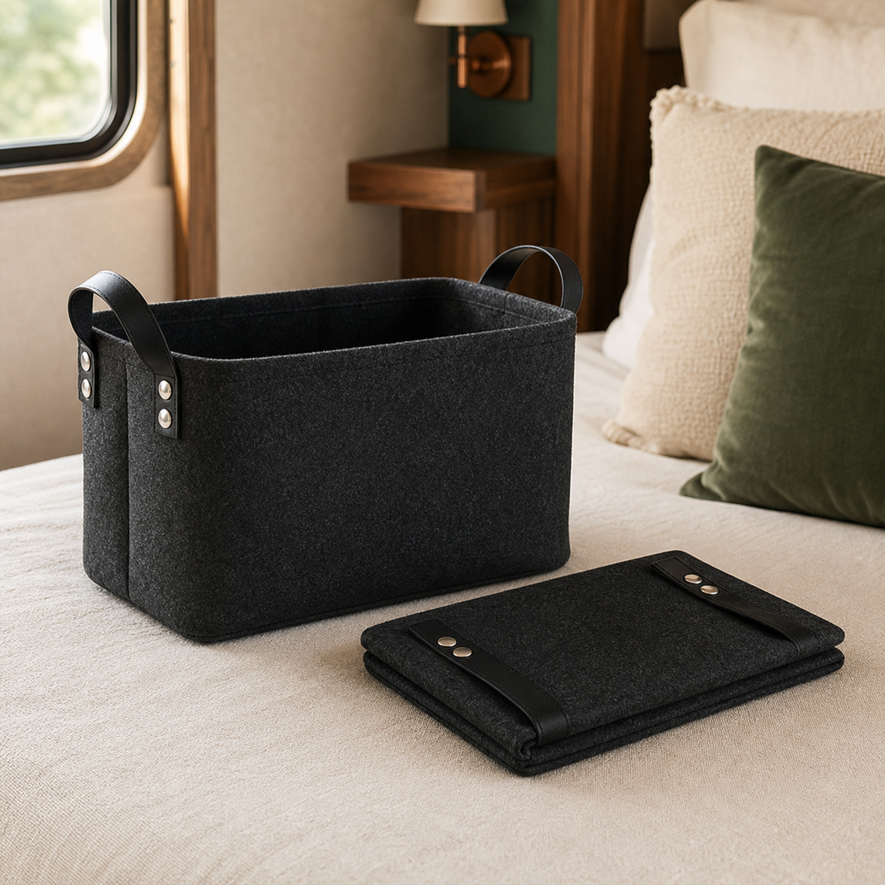 Dark felt cabinet caddy shown upright and folded flat inside an RV