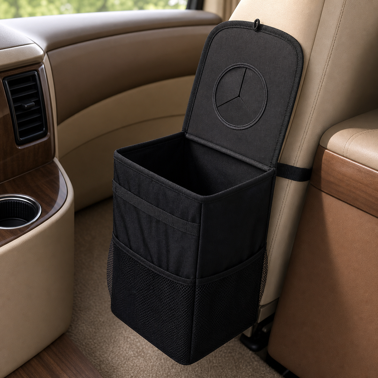 Fold-flat road bin open and empty beside an RV cockpit seat