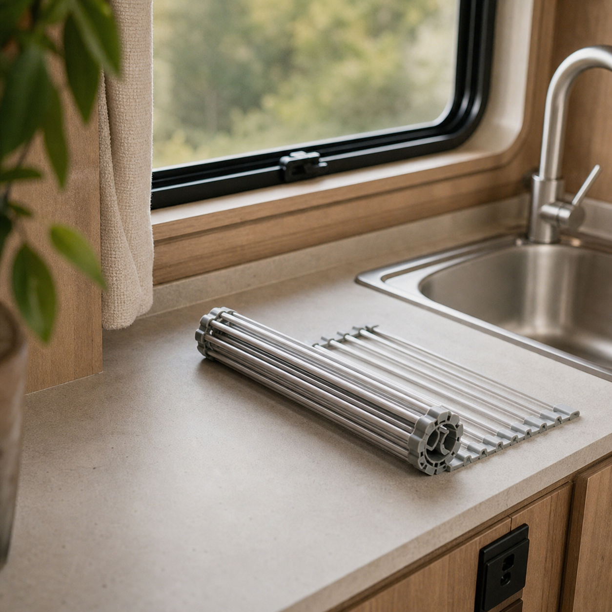 Compact roll-up sink rack stored beside an RV sink