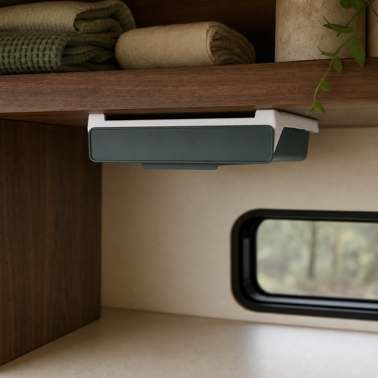 Slide-away cabinet drawer closed beneath a compact RV shelf