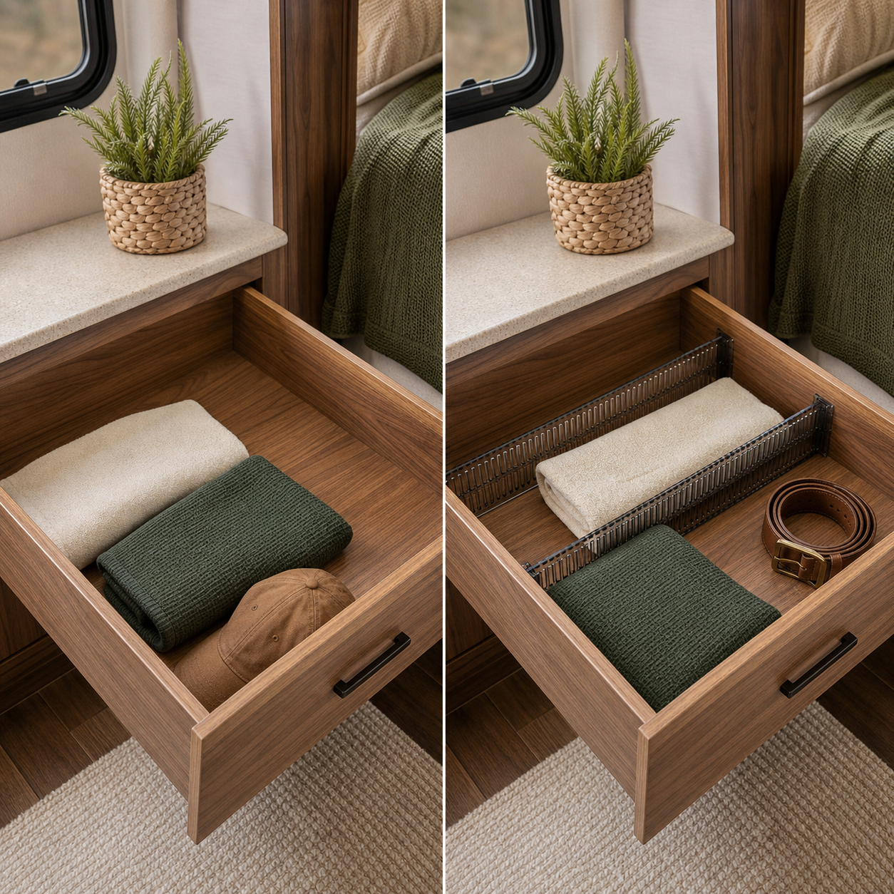 RV drawer before and after adding two adjustable divider rows