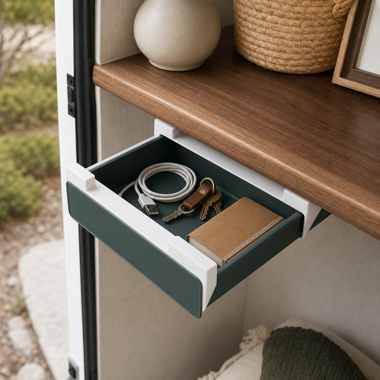 Under-shelf drawer holding keys, a cable, and notebook near an RV entry