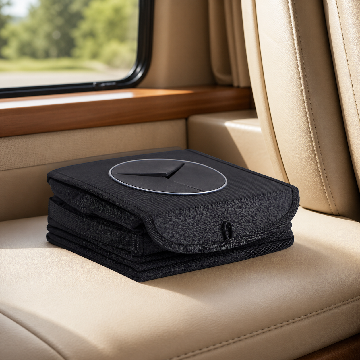 Black road bin collapsed into a compact flat stack on an RV seat