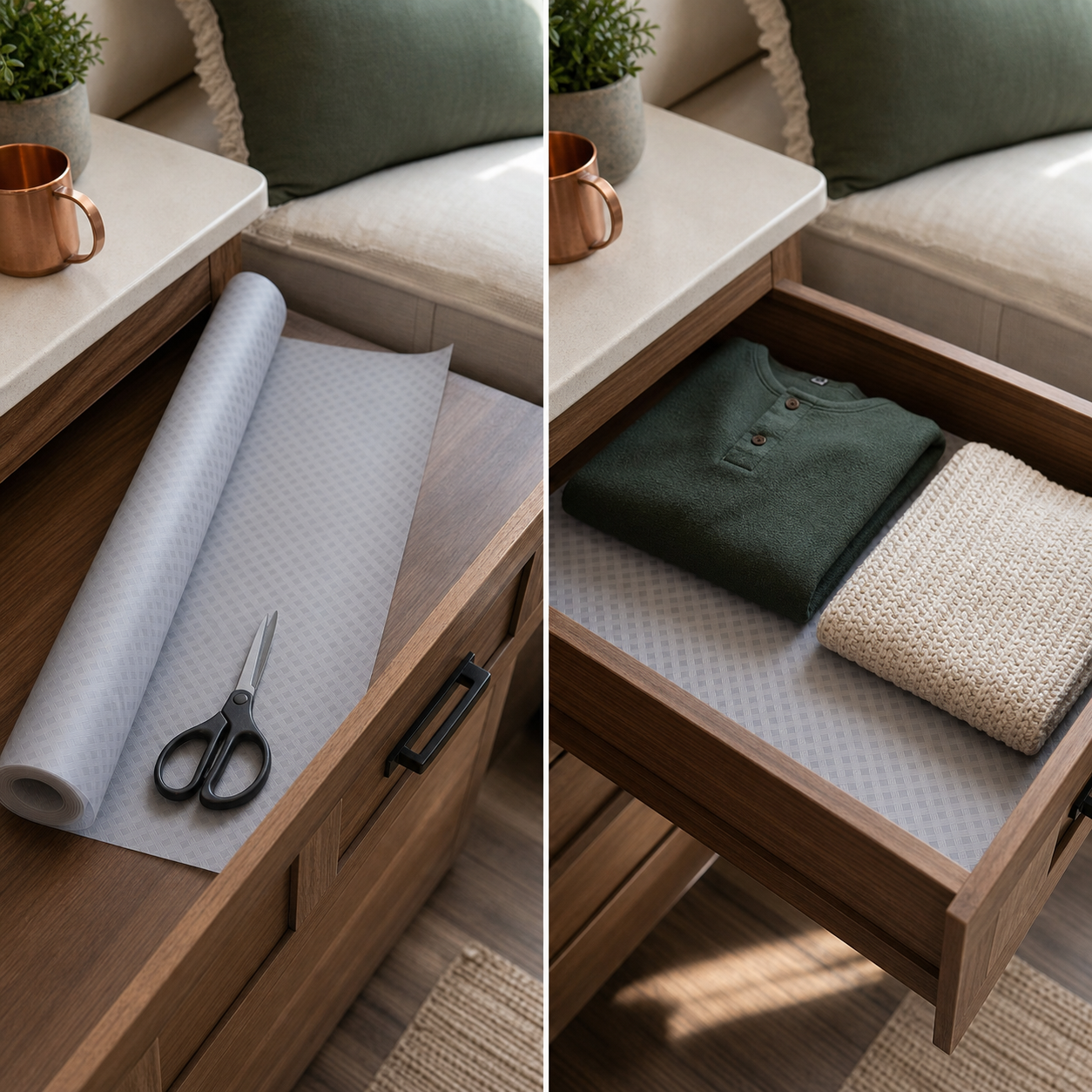Cut-to-fit gray liner shown before and after installation in an RV drawer