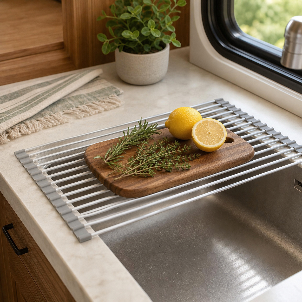 Roll-up rack creating light prep space above a compact RV sink