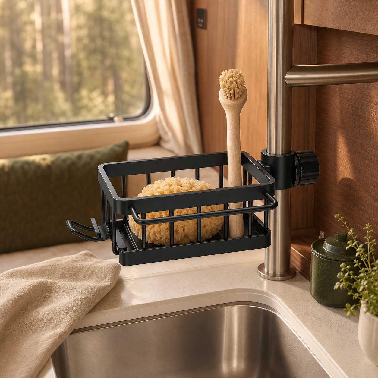 Black swing-arm sink organizer holding a sponge and brush over a compact RV sink