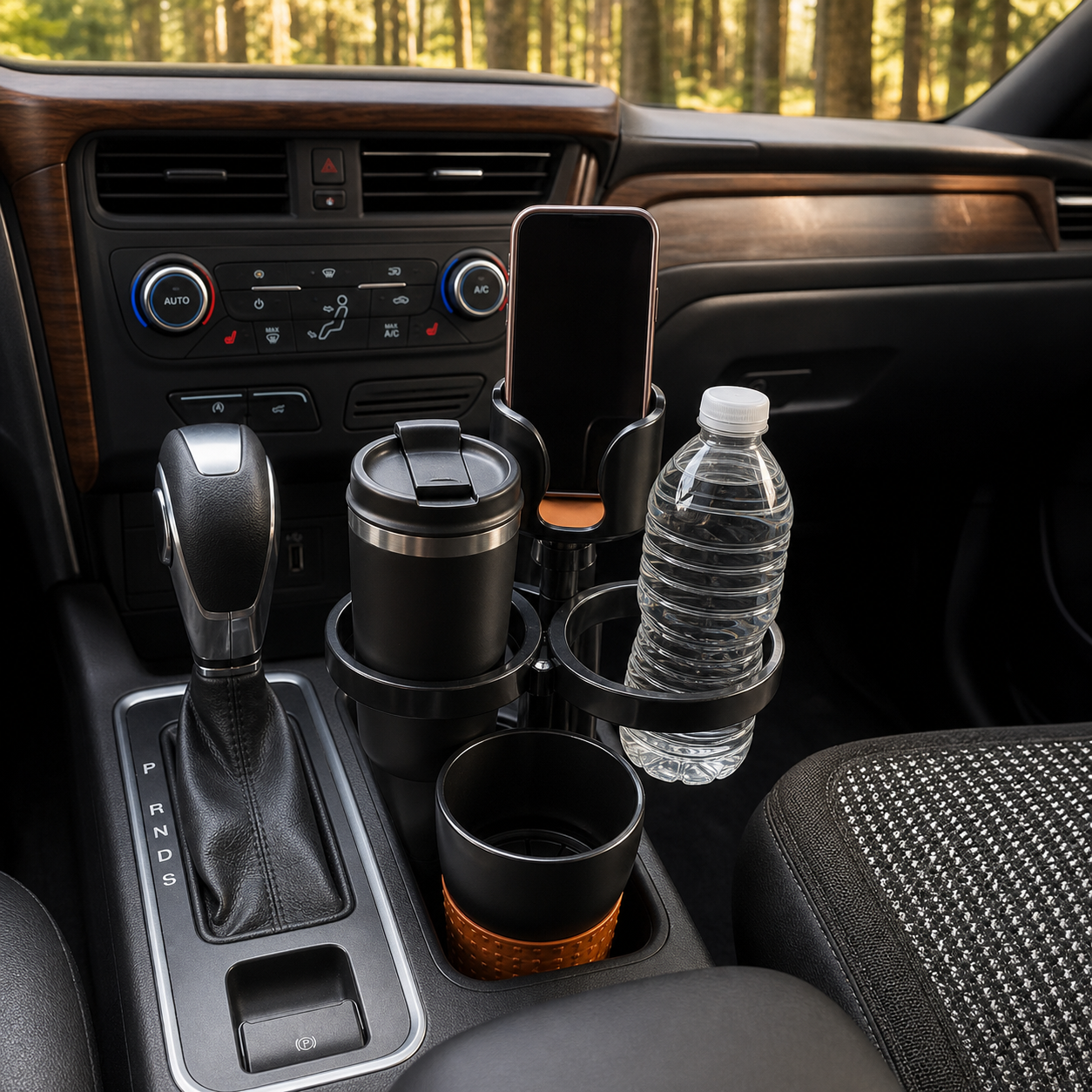 Black expandable cup station holding a mug, bottle, and phone in an RV cockpit