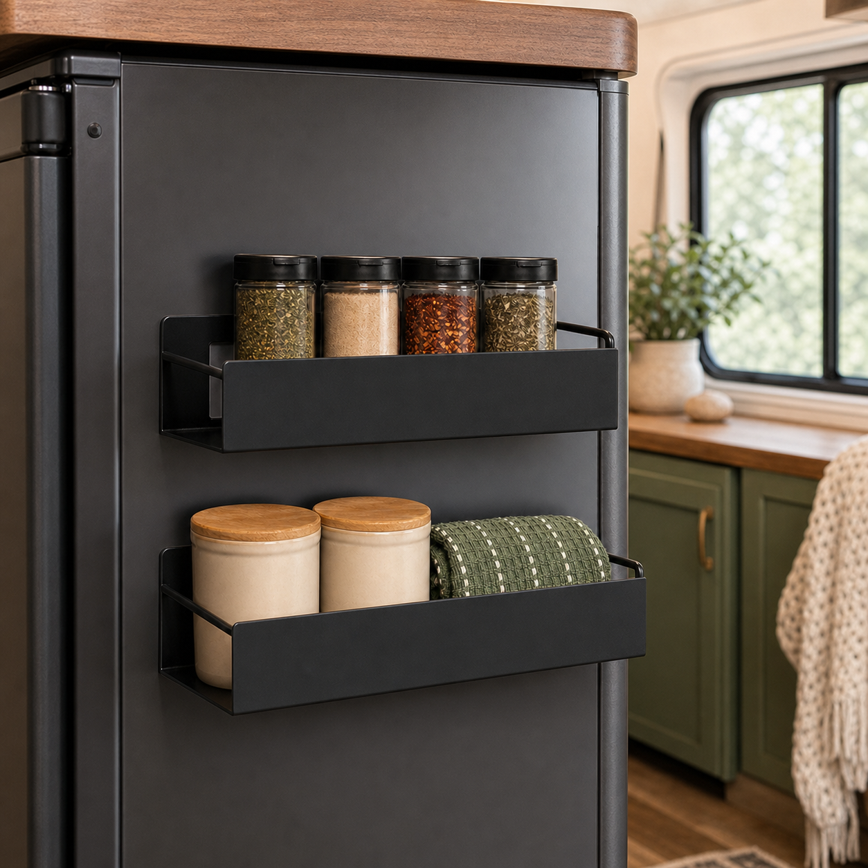 Two black magnetic shelves organizing spices and pantry items on an RV refrigerator
