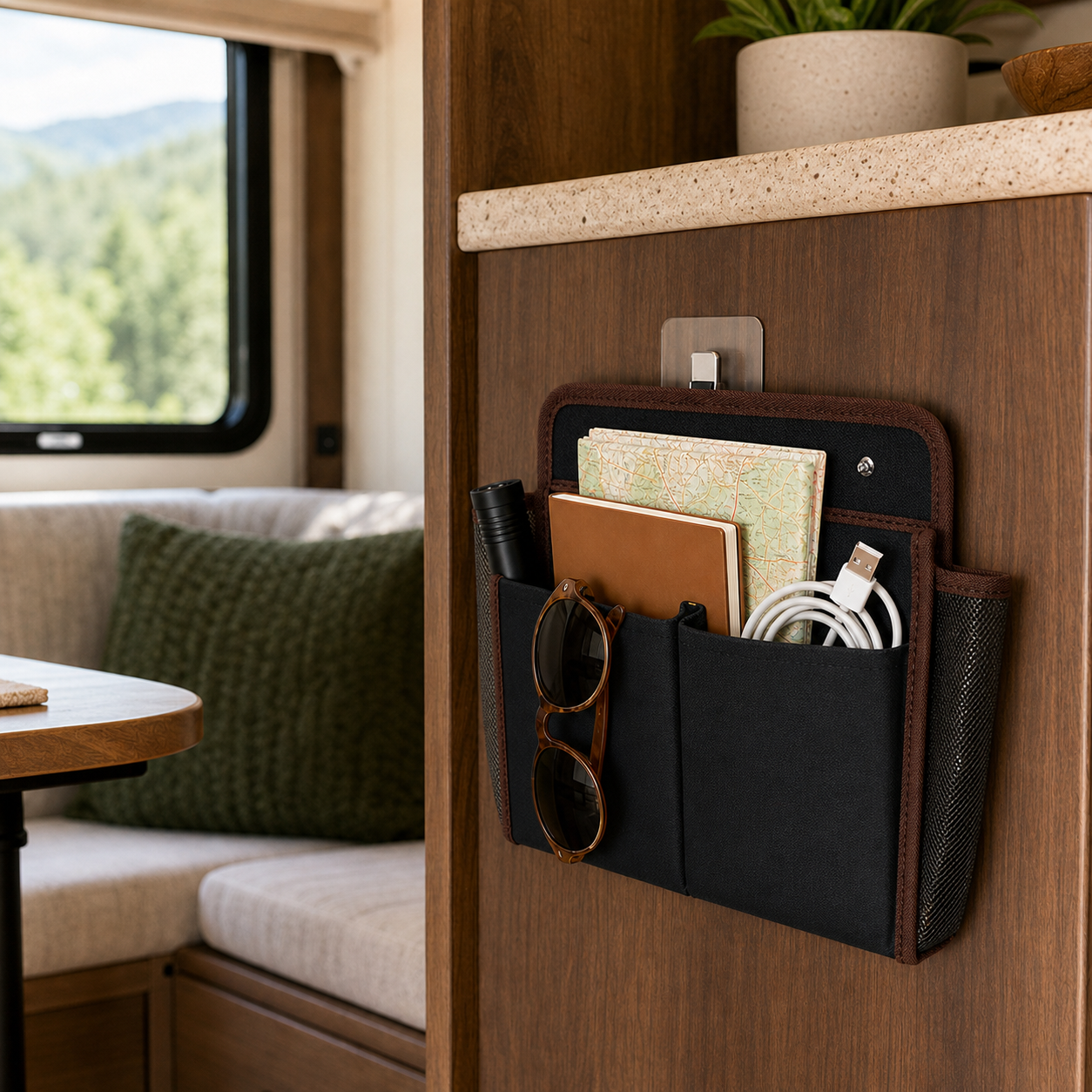 Black and brown RV wall pocket organizing a map, notebook, cable, and sunglasses