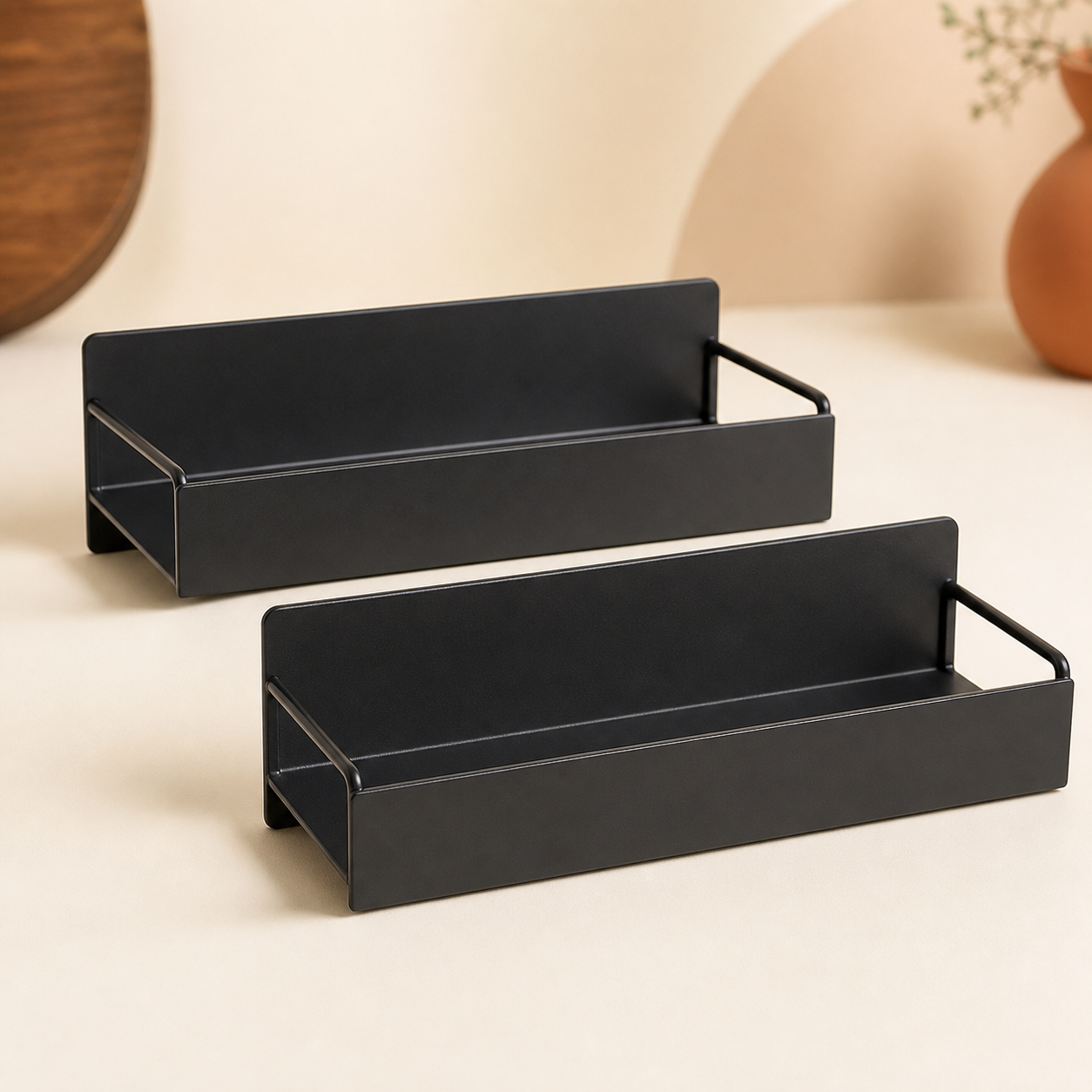 Two empty matte-black magnetic kitchen shelves displayed as a coordinated set