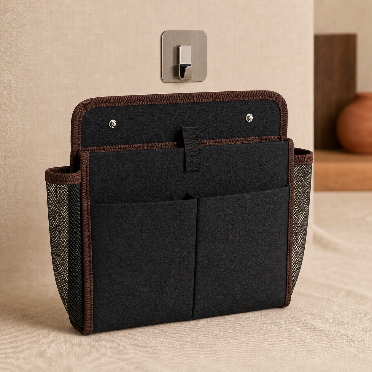 Empty black RV wall pocket with brown trim, front sleeves, mesh sides, and adhesive hook
