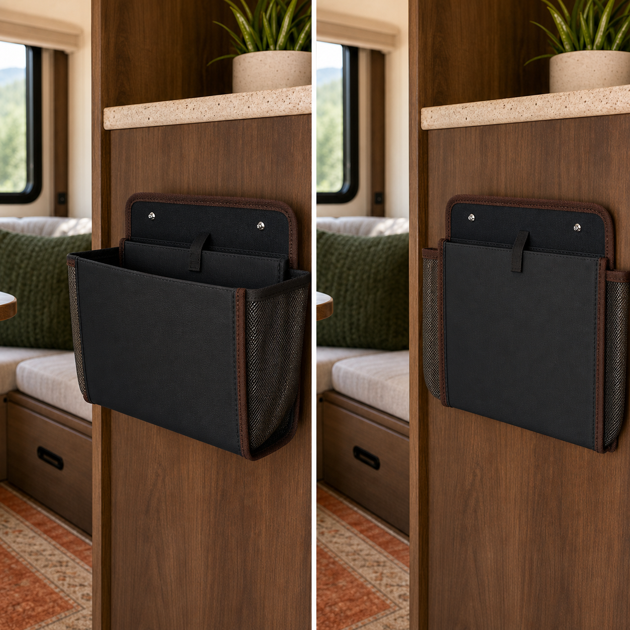 Black RV wall pocket shown open and folded flatter against a walnut cabinet