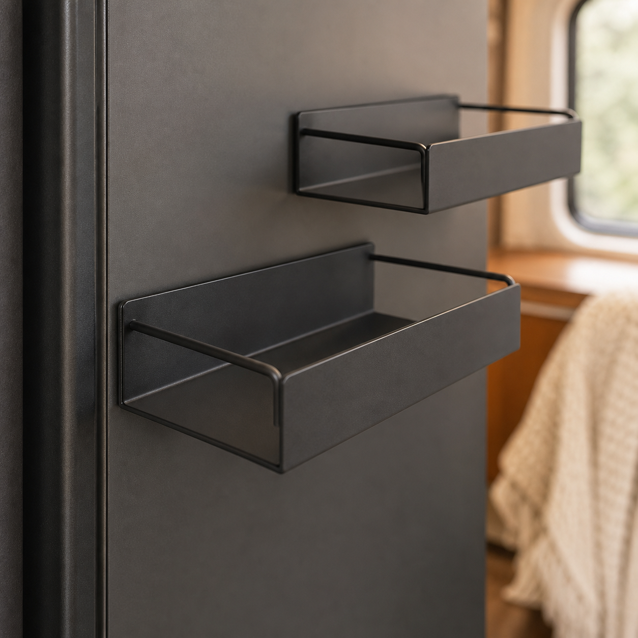 Side view of two black magnetic shelves attached flush to an RV refrigerator