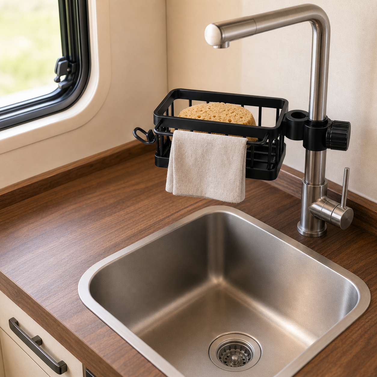 Black swing-arm sink organizer rotated beside a clear compact RV sink