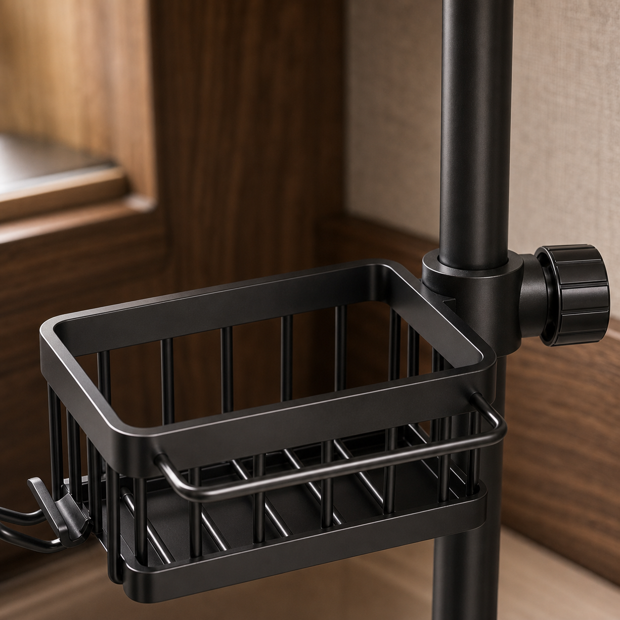 Close view of the organizer clamp secured to a straight round RV faucet pipe