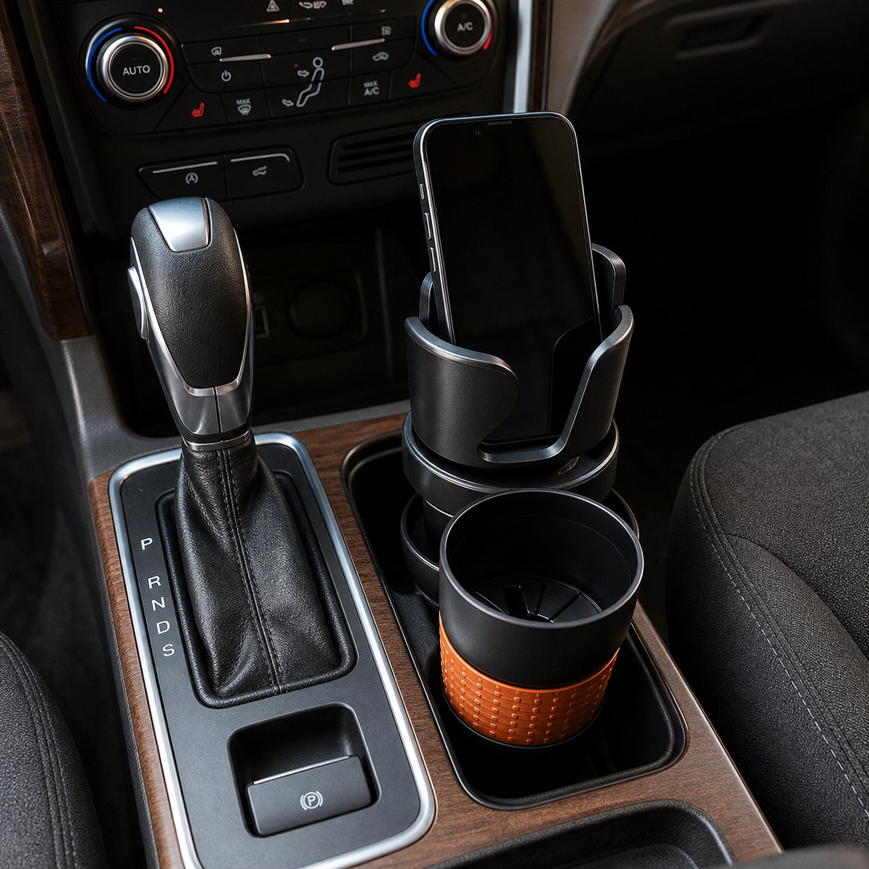 Black expandable cup station arranged compactly in an RV console