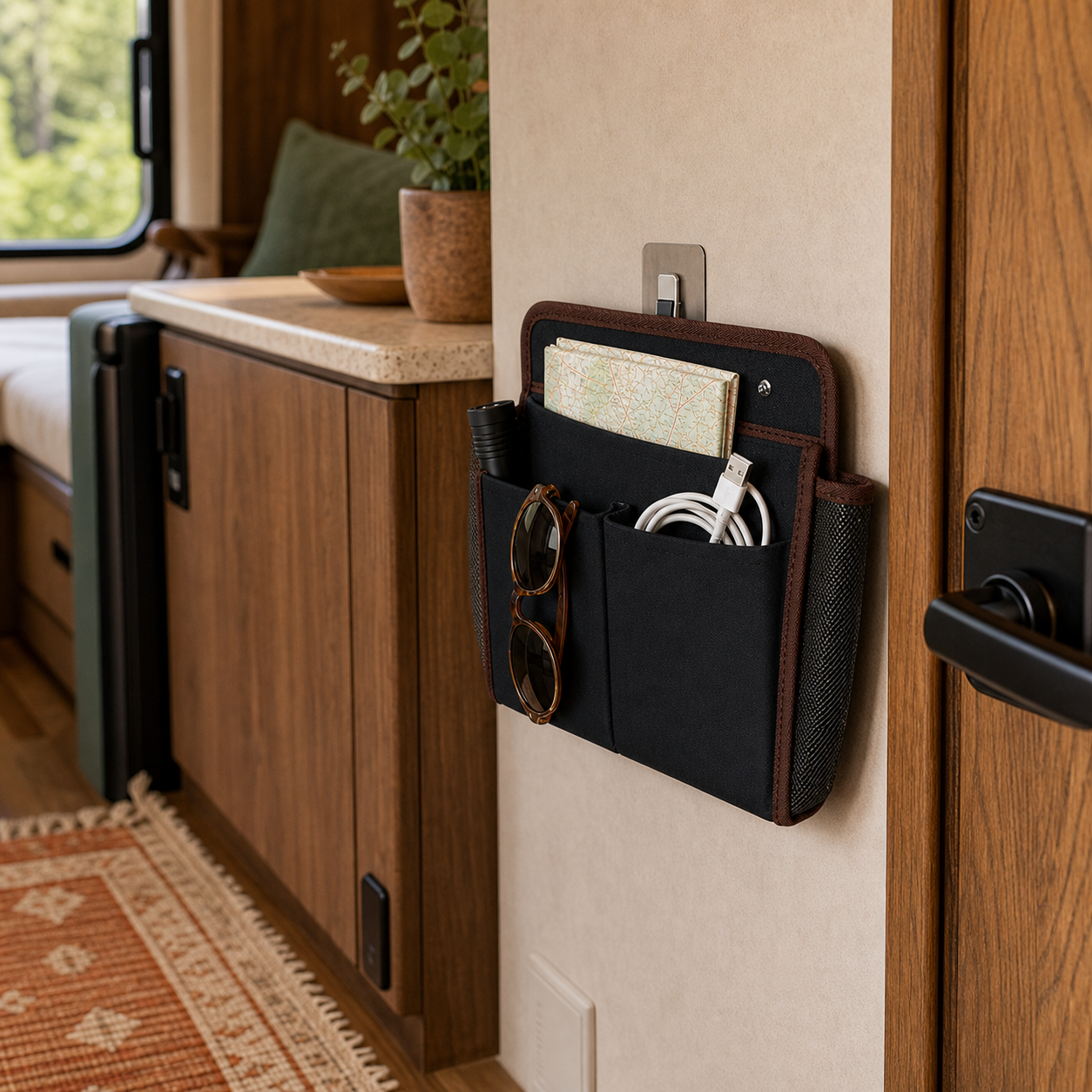 Black RV wall pocket organizing everyday essentials beside an RV entry