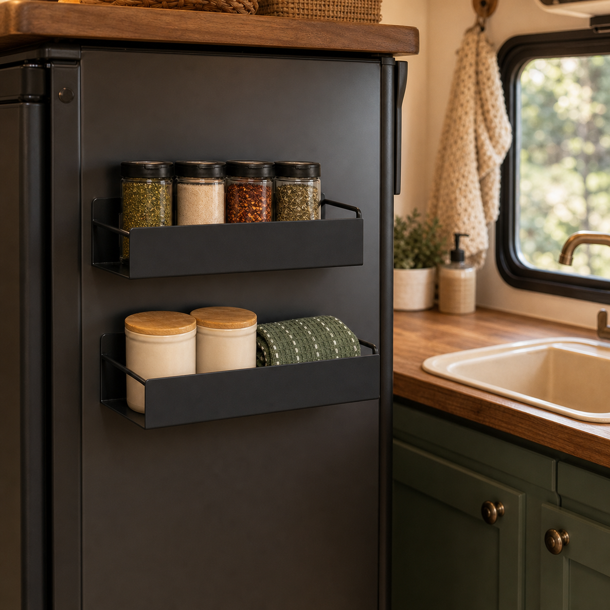 Two black magnetic shelves keeping a compact RV kitchen counter clear