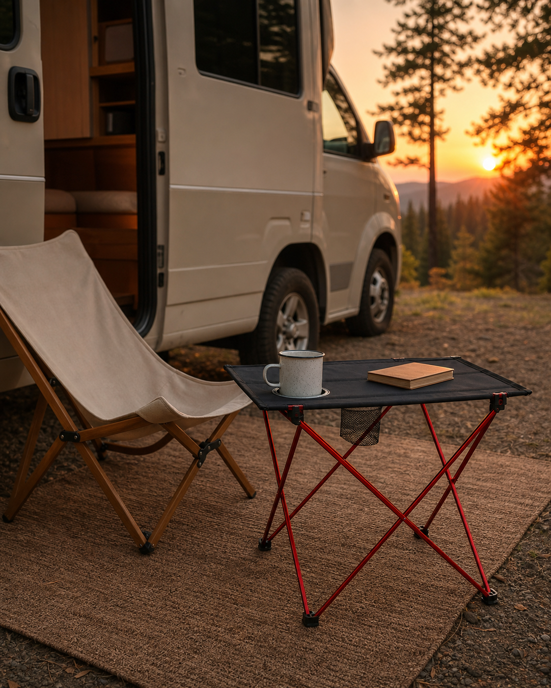 Black fabric folding table with warm red frame beside a camp chair and RV at sunset