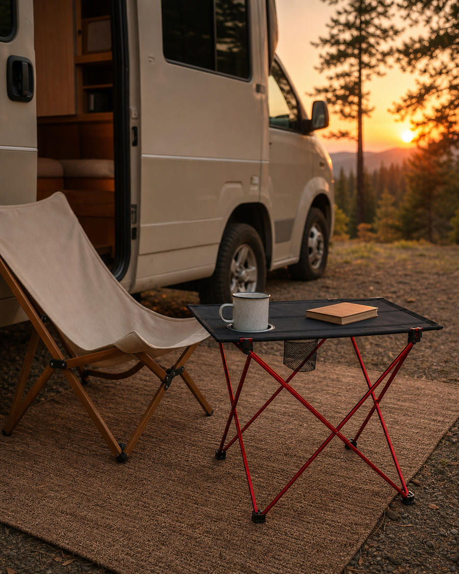 Black fabric folding table with warm red frame beside a camp chair and RV at sunset