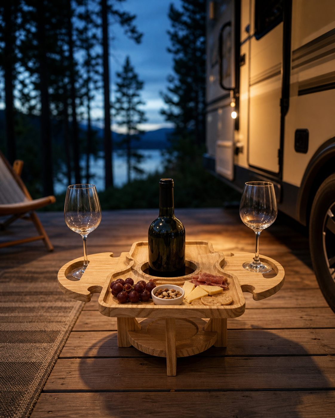Low natural-wood picnic table arranged beside an RV at blue hour