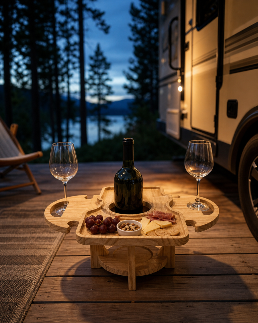 Low natural-wood picnic table arranged beside an RV at blue hour
