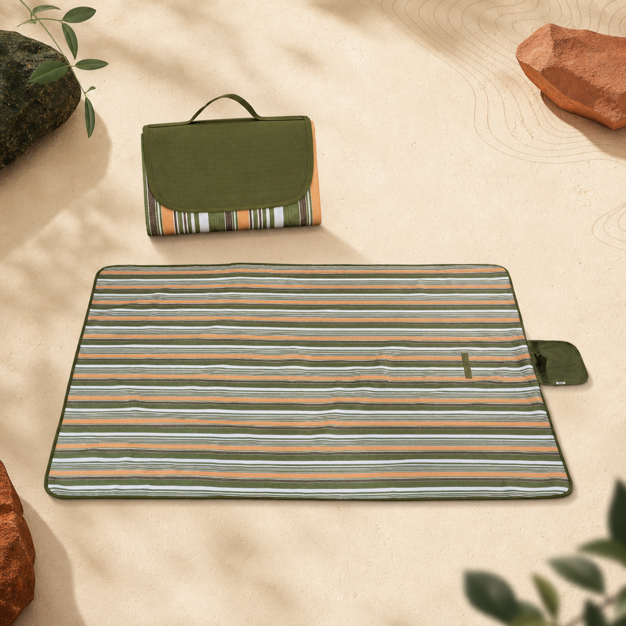 Striped outdoor camp mat shown open and folded into its handled carry form