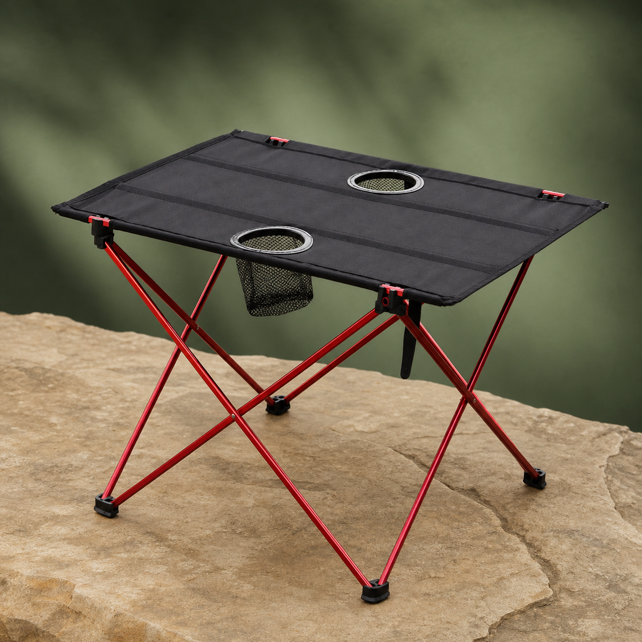 Folding camp table showing its black fabric top, two cup openings, mesh pocket, and crossed frame
