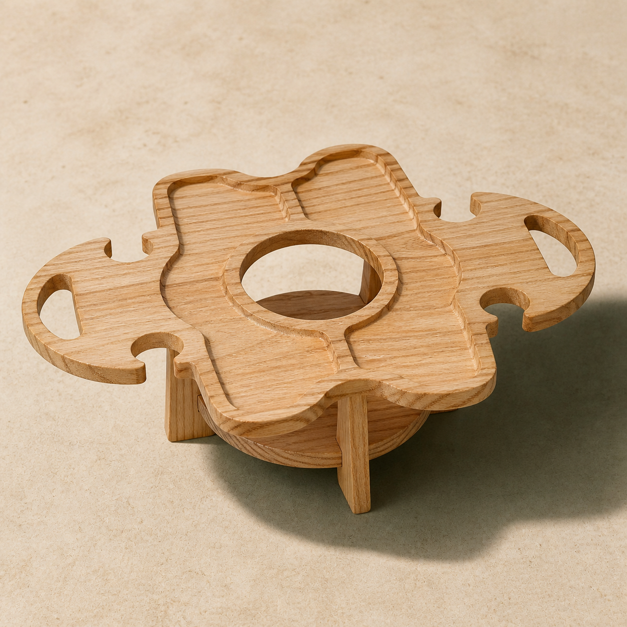 Natural-wood low picnic table with central bottle opening and carved stemware slots