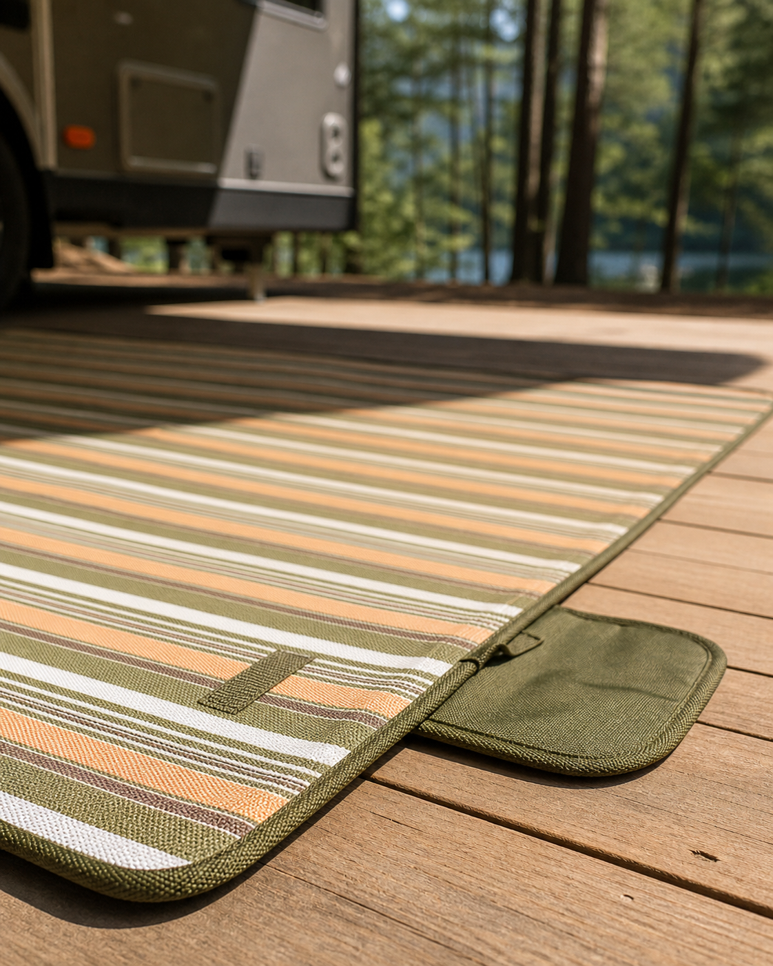 Close detail of the striped Oxford-cloth mat, bound edge, and attached olive flap