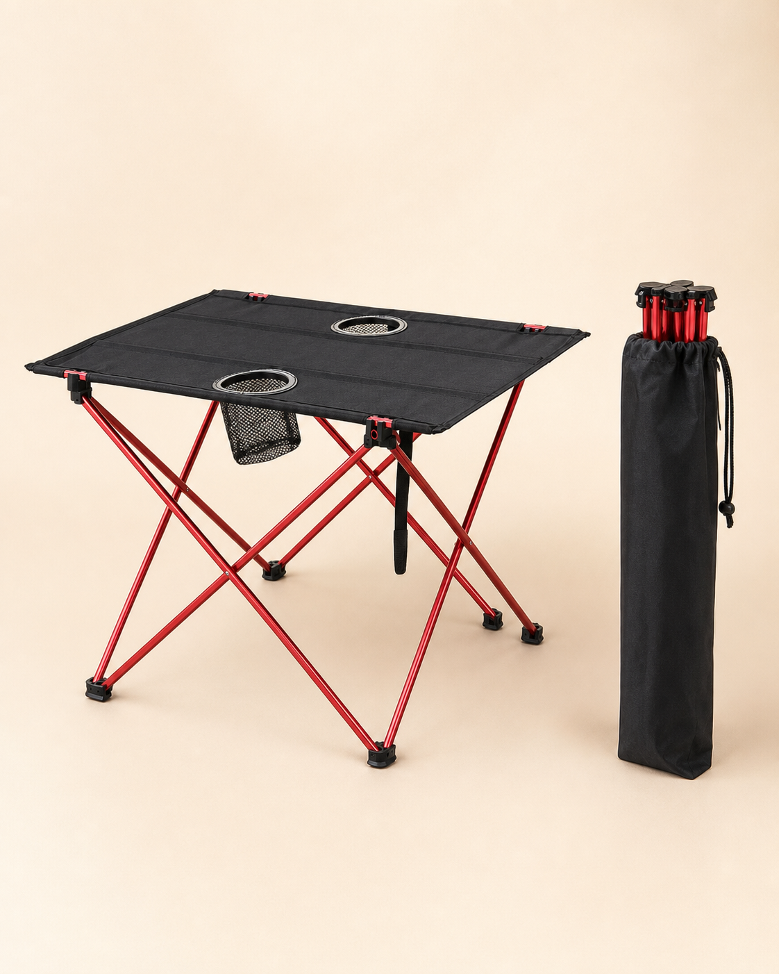 Compact folding camp table shown assembled and packed into its carry bag