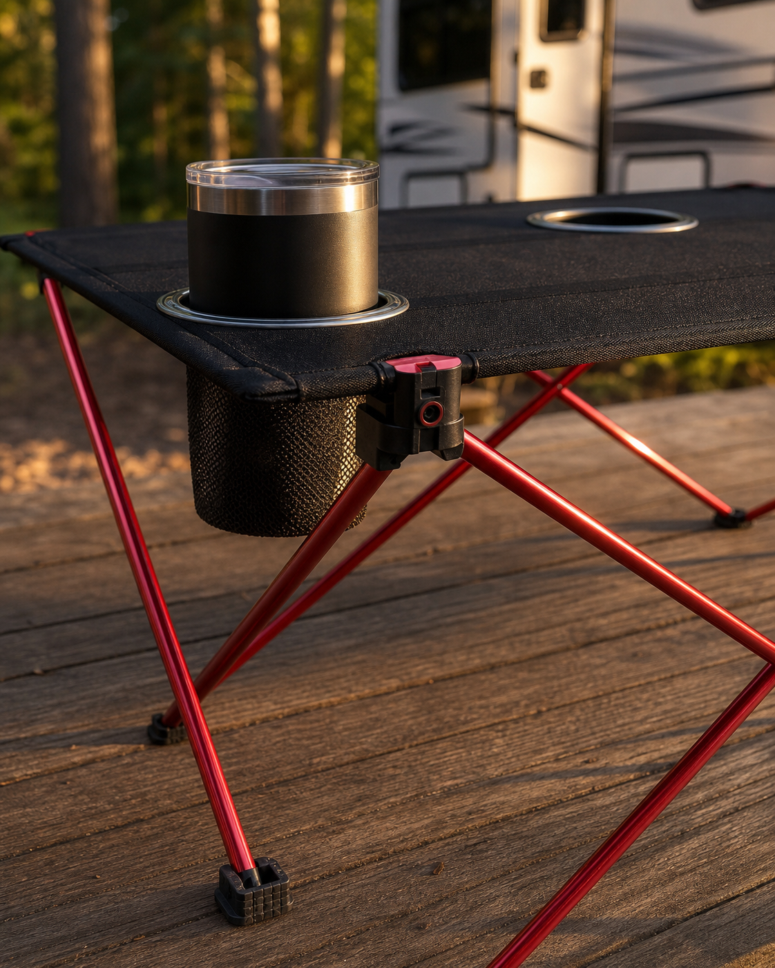 Close view of a cup opening, fabric top, red aluminum frame, and table foot