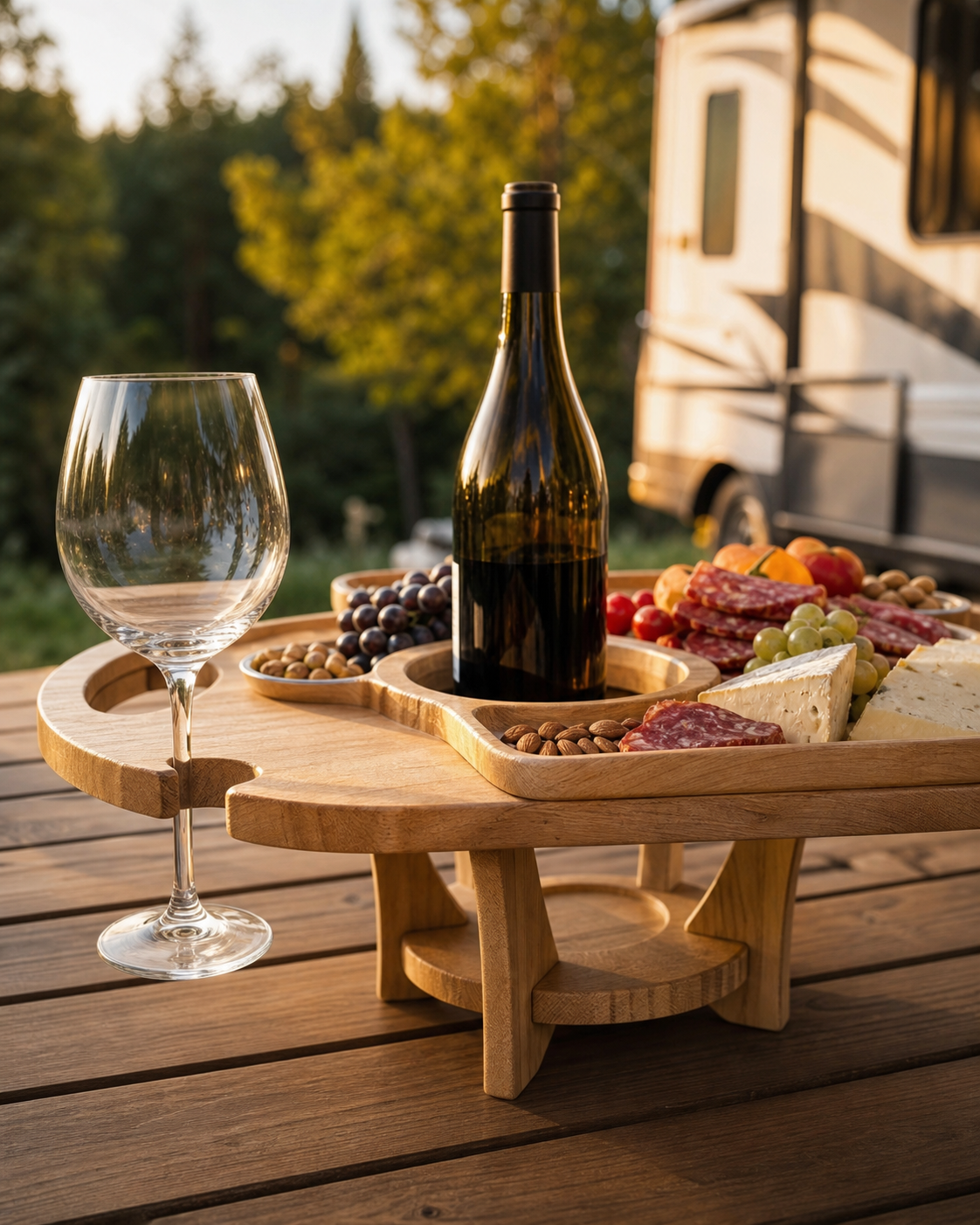 Close view of the carved stemware slot, routed recess, bottle opening, and wooden base