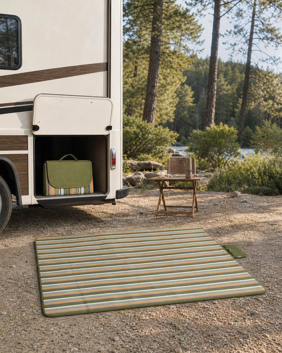 Folded striped camp mat ready to carry beside an RV storage bay