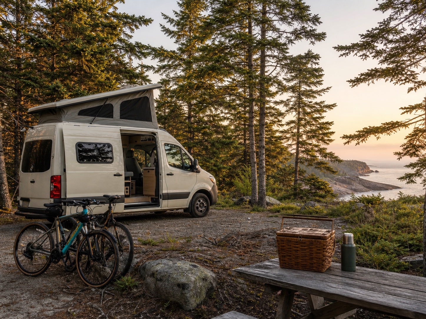 Camper van and bicycles at a wooded Acadia basecamp at first light