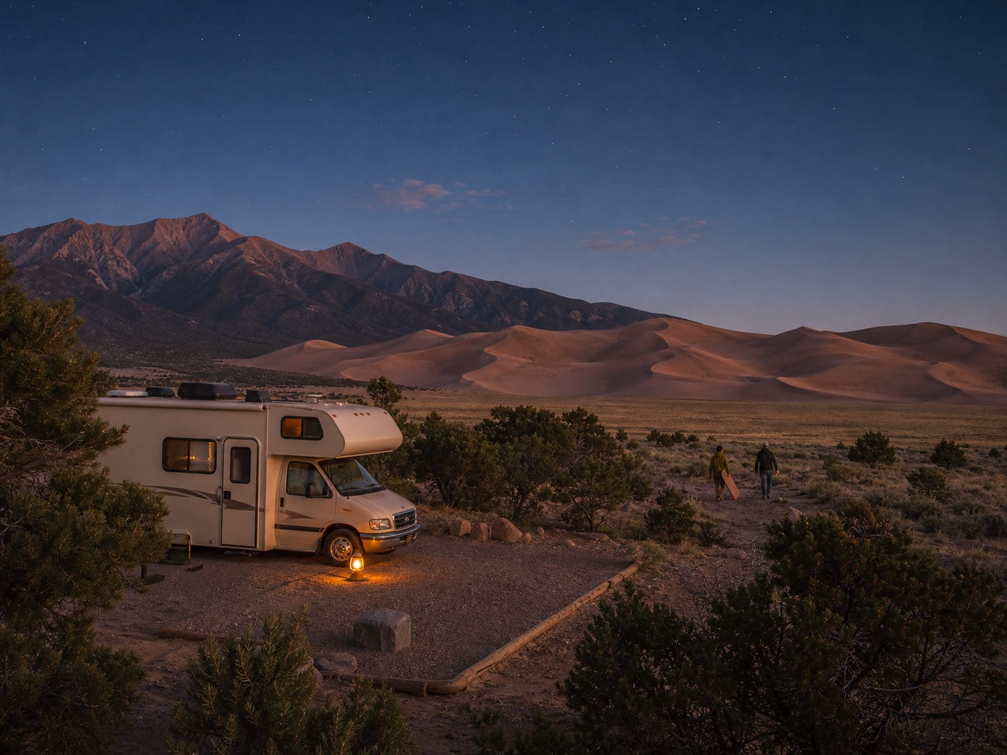 Motorhome at a designated campground near Great Sand Dunes at dusk