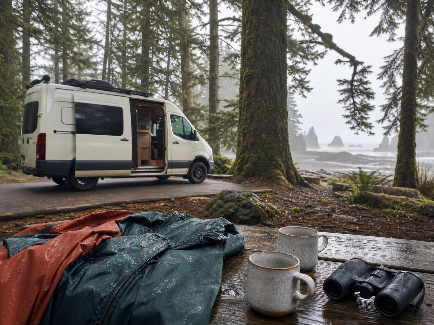 Camper van in a misty designated Olympic Peninsula campground near the Pacific coast
