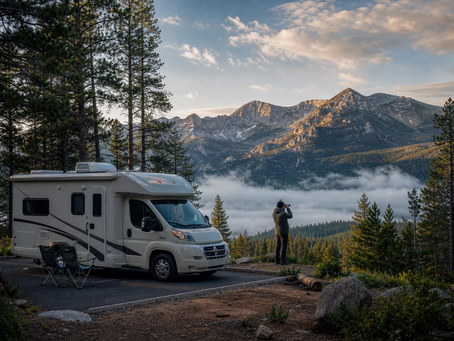 Motorhome at a designated Rocky Mountain basecamp with alpine peaks beyond
