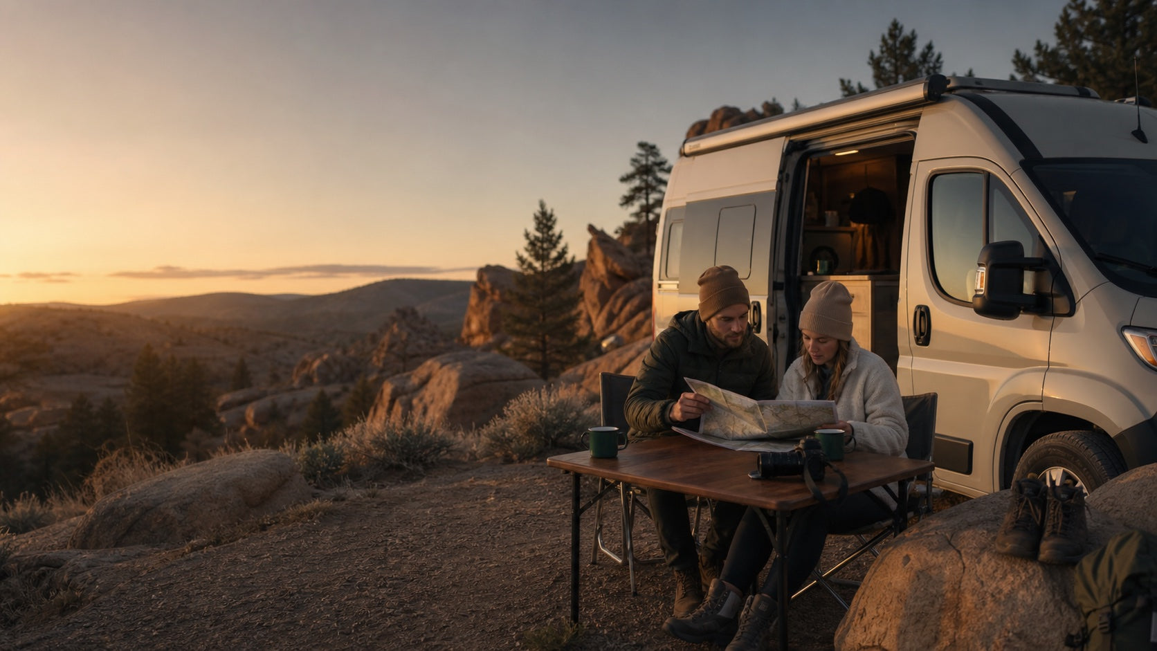 Travelers planning their next stop beside a compact camper van at sunrise