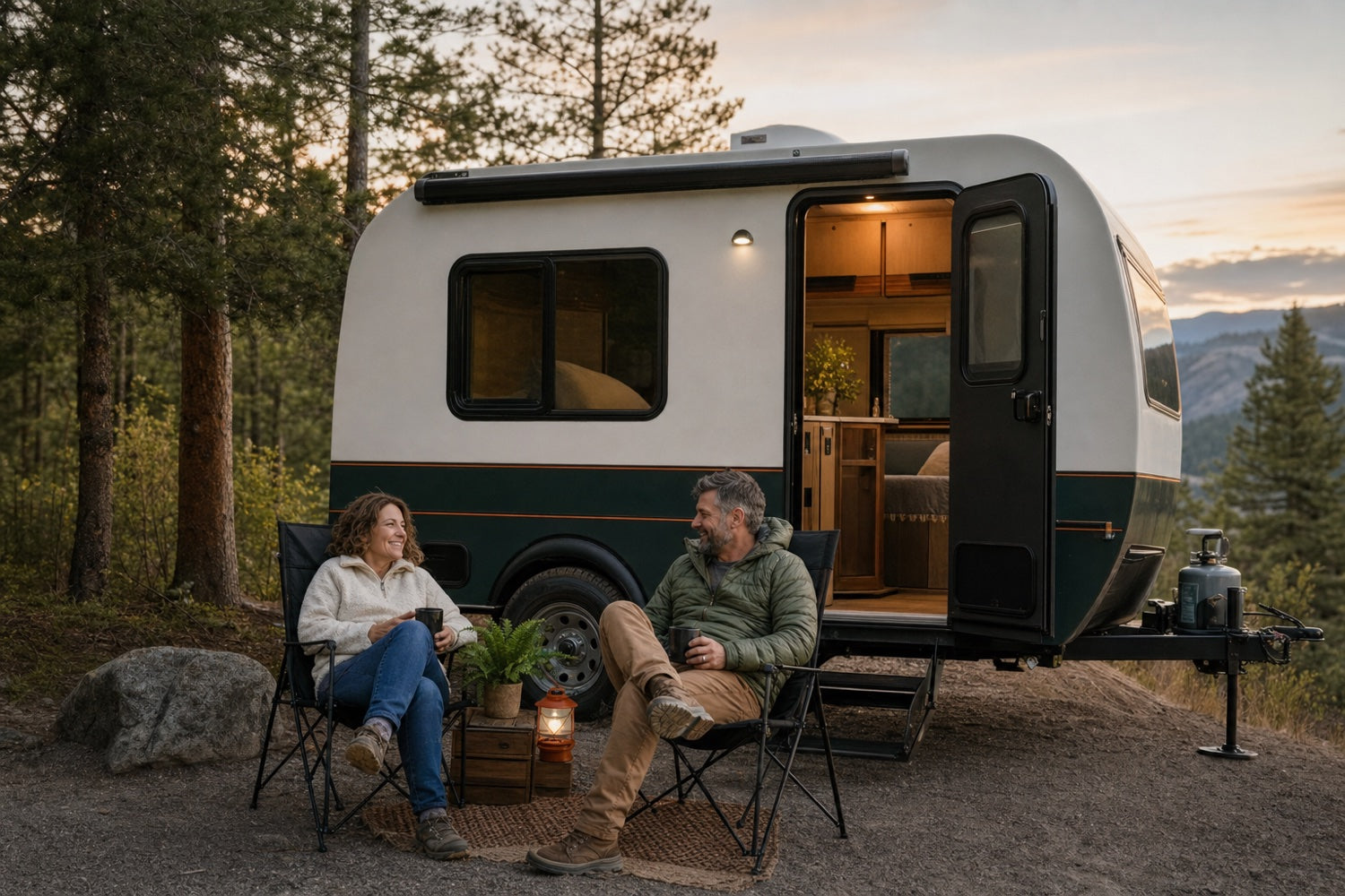 A couple relaxing outside their travel trailer after setting up camp