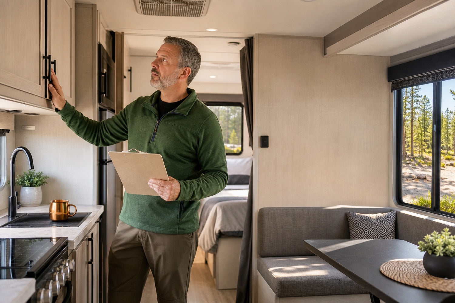 An RV owner completing a pre-drive interior cabinet check